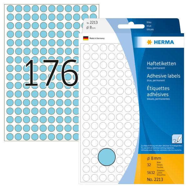 Herma 2213 öntapadó címke, kék, átmérő: 8 mm