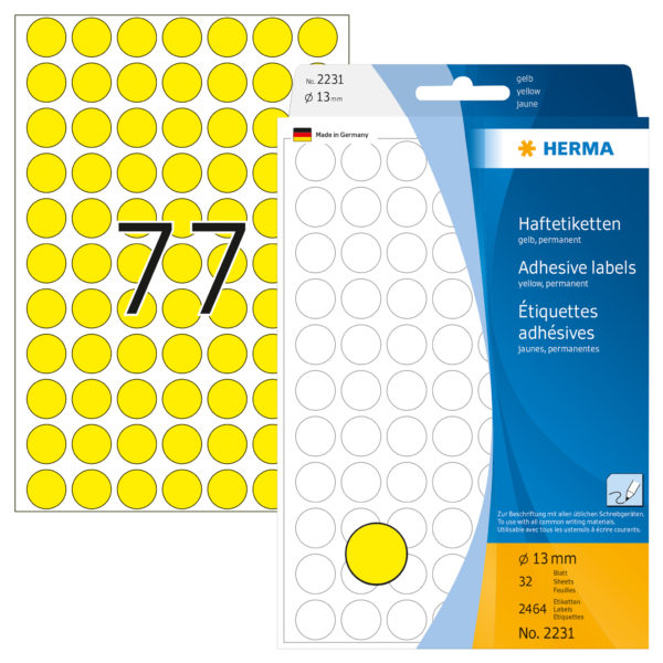 Herma 2231 öntapadó címke, sárga, átmérő: 13mm