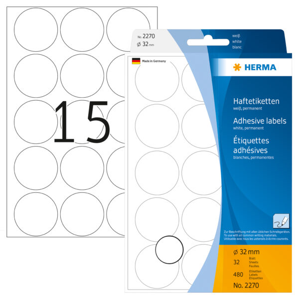 Herma 2270 öntapadó címke, fehér, átmérő: 32 mm