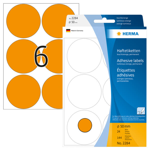Herma 2284 öntapadó címke, neonnarancs, átmérő: 50 mm