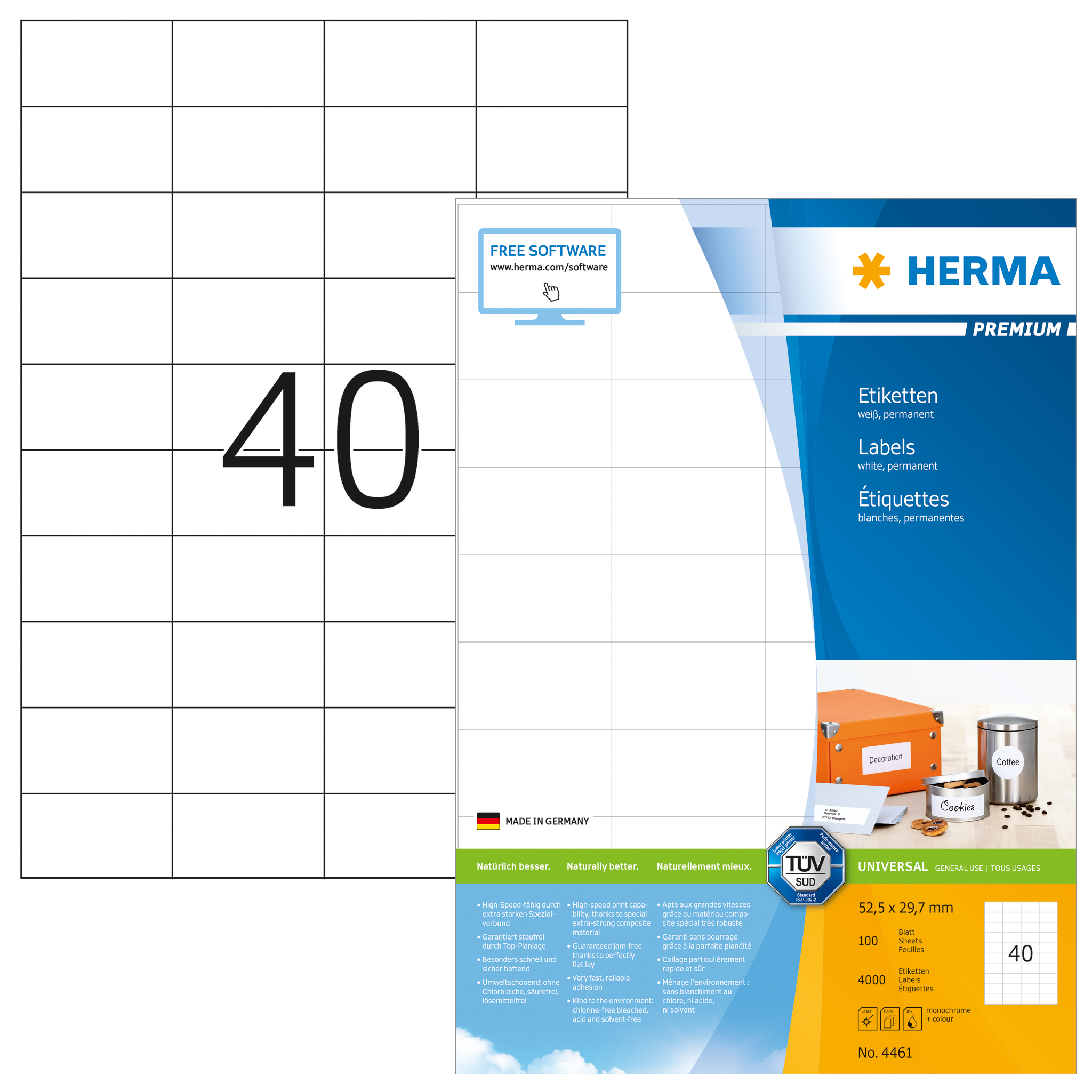 Herma 4461 öntapadó címke, fehér, 52,5x29,7 mm