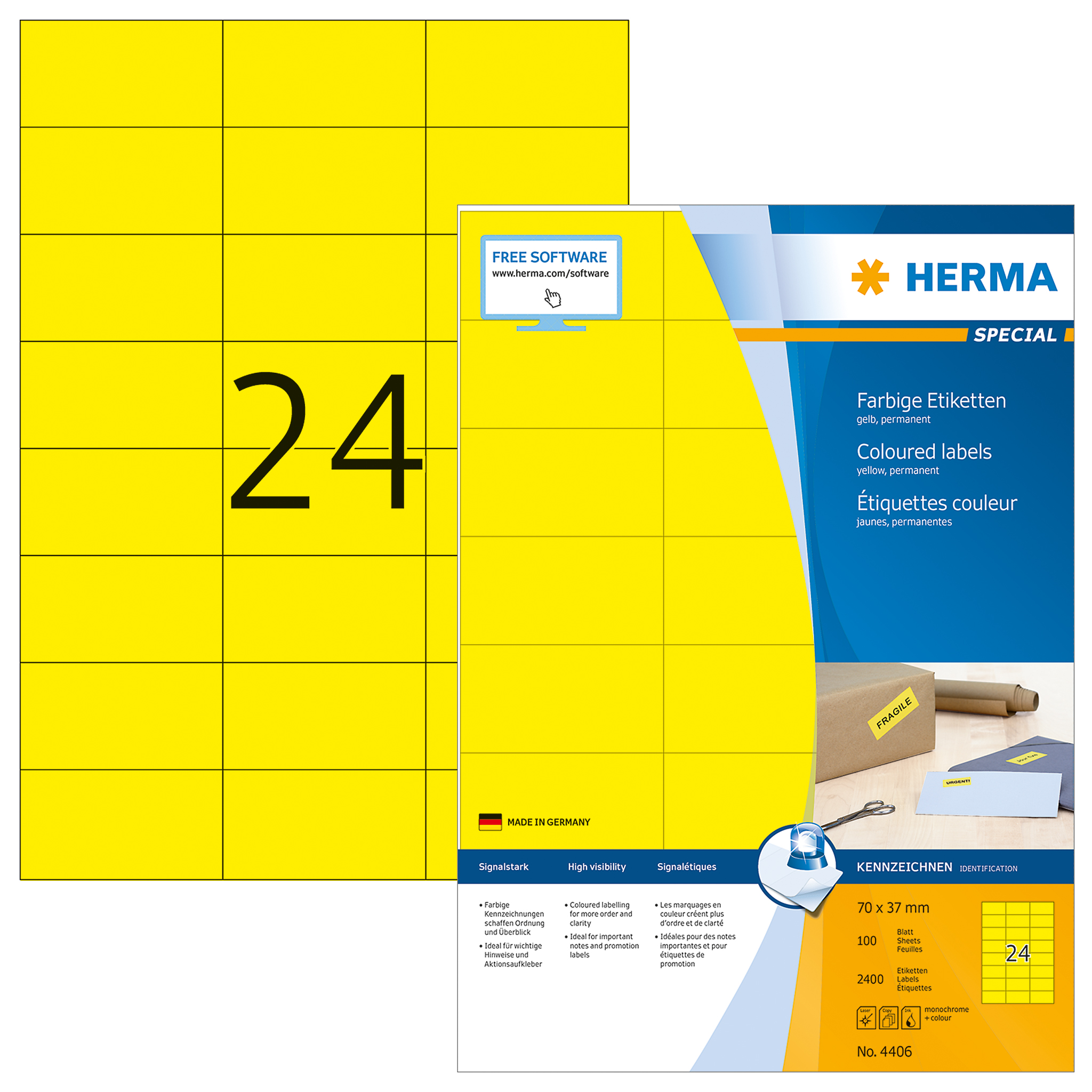 Herma 4406 öntapadó címke, sárga, 70,0x37,0 mm