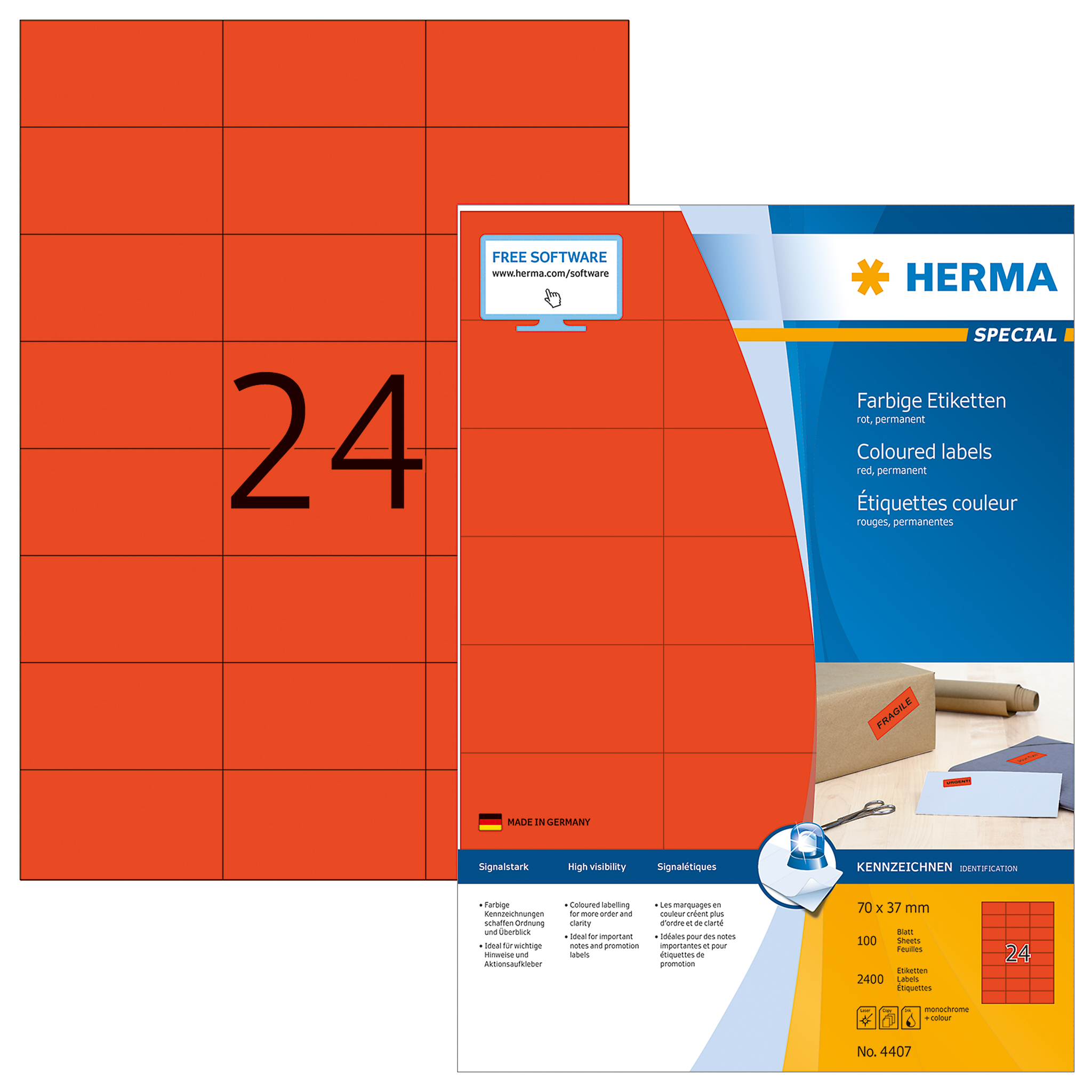 Herma 4407 öntapadó címke, piros, 70,0x37,0 mm