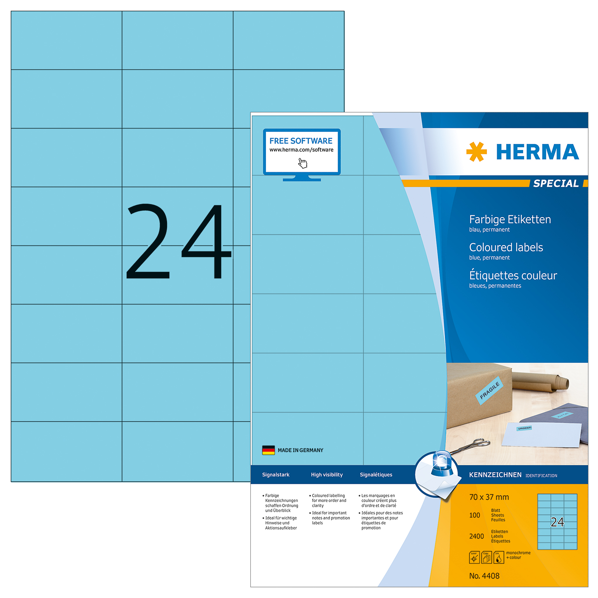 Herma 4408 öntapadó címke, kék, 70,0x37,0 mm